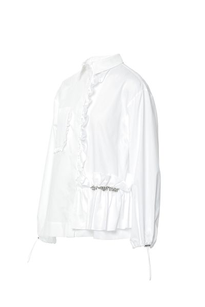 GIZIA SPORT Ruffle Detailed Adjustable Elastic Asymmetric Embroidered White Shirt