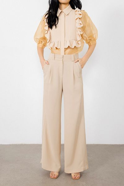 GİZİA Ribbed Front Pleated Beige Pants