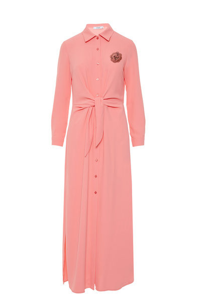 kı.we Çiçek Broş Detaylı Kuşaklı Turuncu Gömlek Elbise