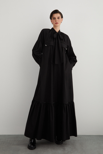 GIZIA SPORT İşleme Detaylı Yakası Bağcıklı A Form Siyah Poplin Elbise