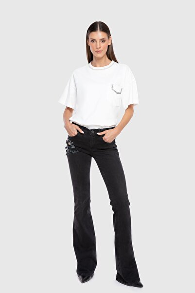 GİZİA Boncuk Işleme Detaylı Ispanyol Paça Siyah Jean Pantolon