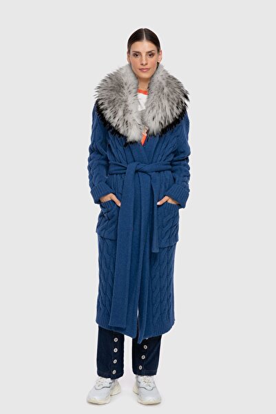 GİZİA Yakası Kürk Detaylı Mavi Hırka