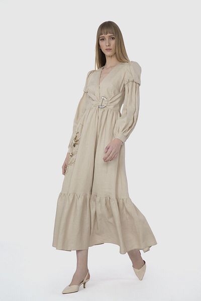 GİZİA Embroidered Embroidery And Buckle Detailed Long Linen Beige Dress