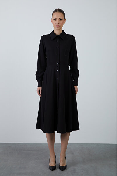 kı.we Dik Yaka Midi Boy Kloş Etekli Uzun Kollu Siyah Gömlek Elbise