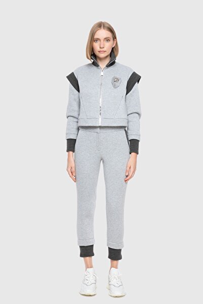 GIZIA SPORT Dik Yaka Işleme Kürk Detaylı Fermuarlı Gri Üst