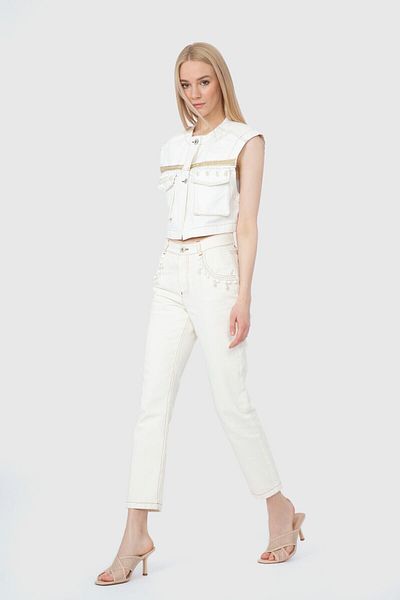 GİZİA Stone Embroidered Casual Cut Ecru Pants