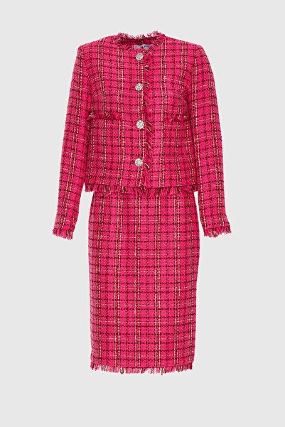 Rhinestone Button Detailed Plaid Patterned Tweed Fuchsia Suit