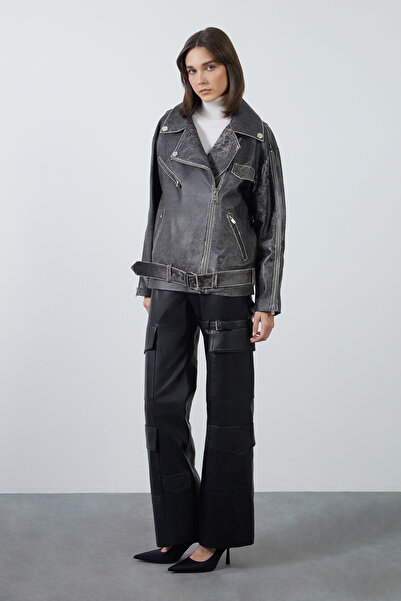 GİZİA Etek Ucu Kemerli Gri Deri Ceket