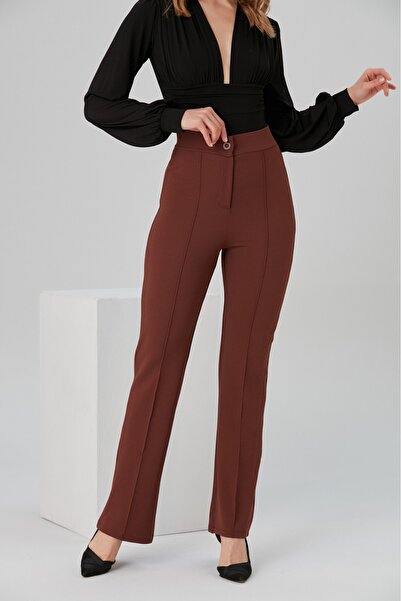 Swana Pantaloni largi din lycra cu dungi în față pentru femei, maro amarui, c...