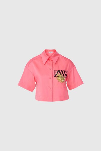 GİZİA Nakış İşleme Detaylı Cepli Crop Kırmızı Gömlek