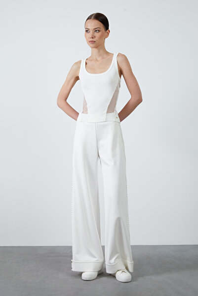 GİZİA Yanları File Detaylı Cebi Fermuarlı Bol Paça Ekru Pantolon