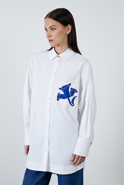 GİZİA Cebi Nakış Detaylı Beyaz Poplin Gömlek