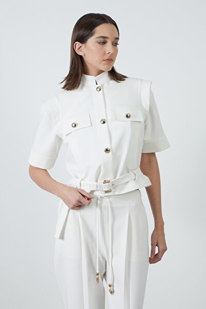GİZİA Gold Düğmeli Etekucu Kemerli Ekru Yelek
