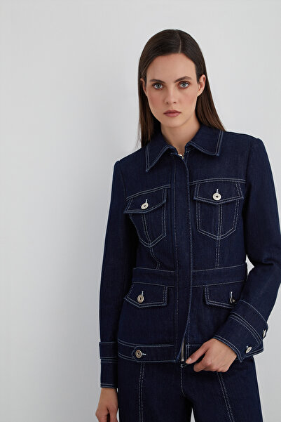 GİZİA Cepli Ön Kapama Fermuarlı Beyaz Dikiş Detaylı Jean Ceket