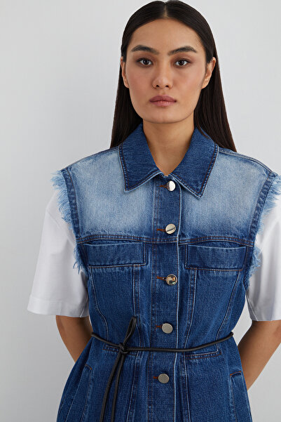 GİZİA Arka Beden Etiket Detaylı Beli Kordon Bağcıklı Jean Yelek