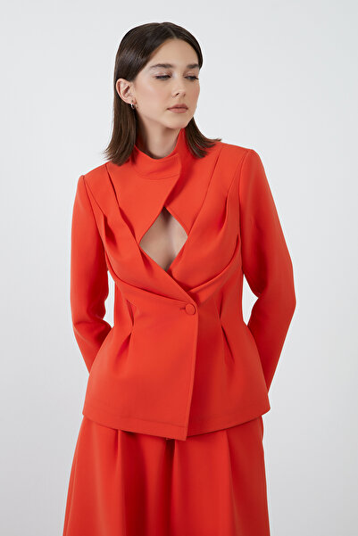 GİZİA Pencere Detaylı Mercan Rengi Kruvaze Ceket