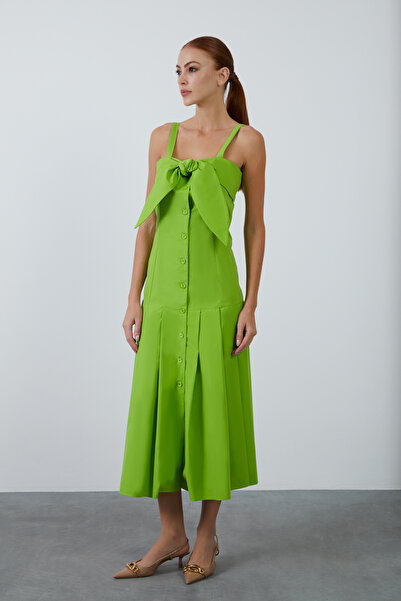 kı.we Green Midi Dress with Straps Tie-Detailed Pleated Skirt