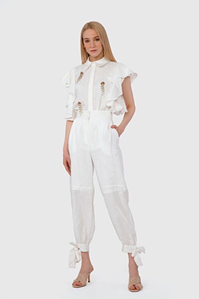 GİZİA Paçaları Bağlamalı Yüksek Bel Koton Ekru Pantolon