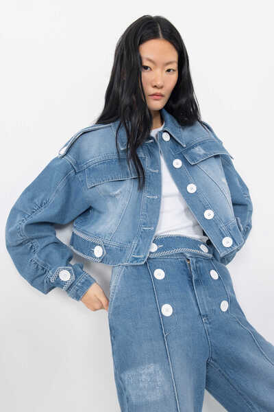 GİZİA Apolet Detaylı Büzgülü Jean Ceket