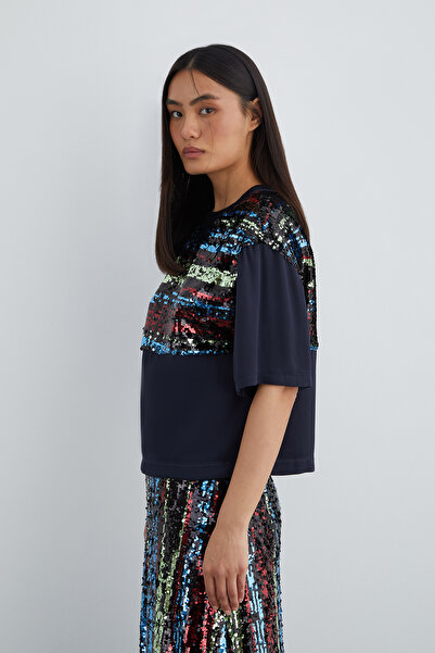 GİZİA Üst Beden Payetli Payet Altı Saten Astarlı Kısa Kol Bluz