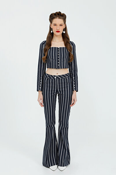 kı.we Ispanyol Paça Çizgili Lacivert Pantolon