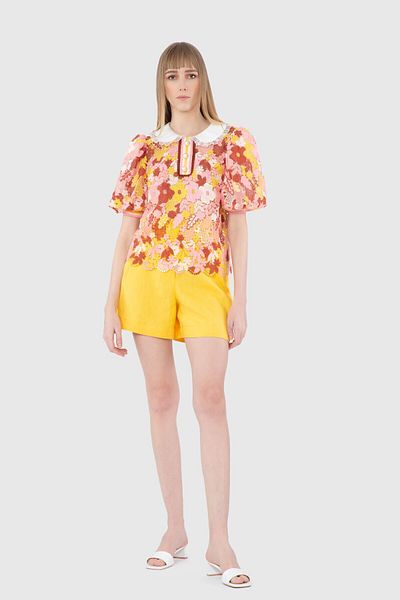 GİZİA Colorful Lace Pink Blouse with Contrast Collar and Button Detail