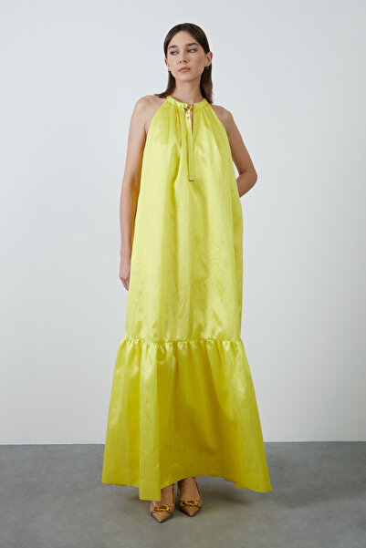 GİZİA Sıfır Kol Halter Yaka Uzun Sarı Elbise