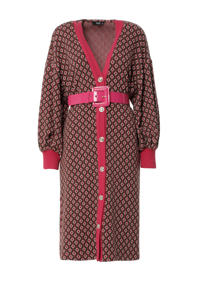 Genel Markalar Kontrast Desenli Gold Düğme Detaylı Uzun Pembe Triko Hırka