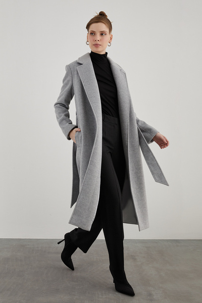 GİZİA Kuşaklı Yan Cepli Midi Boy Rahat Kesim Gri Kaban