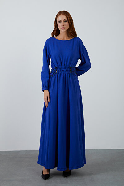 GİZİA Düşük Omuz Rahat Kesim Maxi Boy Lacivert Elbise
