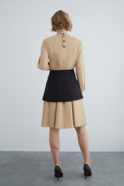 kı.we Kontrast Dikişli Kemer Detaylı Kahverengi Midi Elbise