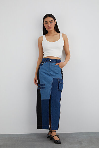 GİZİA Önü Yırtmaç Detaylı Çok Parçalı Jean Etek