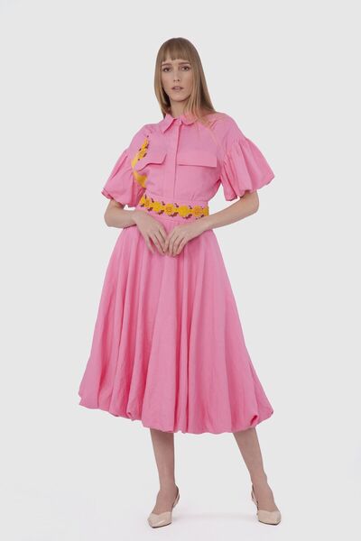 GİZİA Belt Embroidered Pleated Midi Pink Skirt