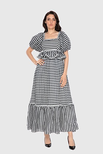 GİZİA Kısa Kollu Kare Yaka Ekose Desenli Uzun Elbise