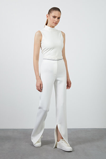 GIZIA SPORT Sim Şerit Detay İç Paça Yırtmaçlı Ekru Flare Pantolon