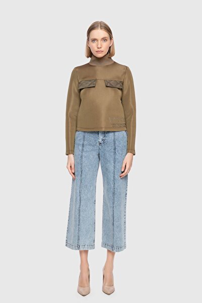 GİZİA Yakası Triko Cep Kapakları Yağmurluk Yeşil Garnili Sweatshirt