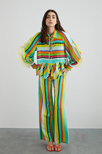 GİZİA Kolda Fırfır Detaylı Çizgili Bluz