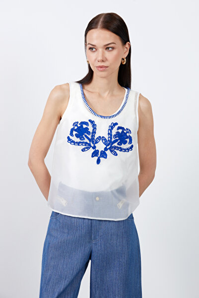 GİZİA Önü Nakışlı Üst Beden Çıkarılabilir Transparan Beyaz Bluz