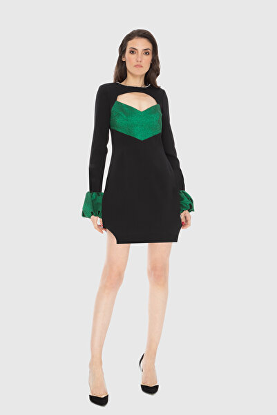 kı.we Kalp Yaka Balon Kollu Siyah Elbise