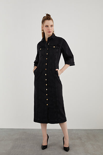 kı.we Iki Cepli Truvakar Kollu Maxi Boy Siyah Denim Elbise