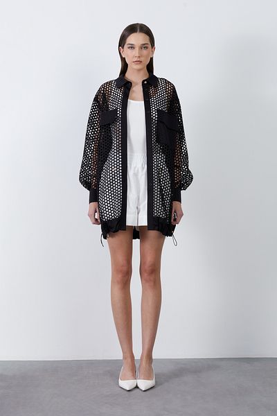 GİZİA Long Black Shirt with Pocket Detail and Mesh
