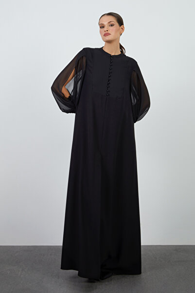 GİZİA İnci Düğmeli Şifon Kollu Siyah Uzun Elbise