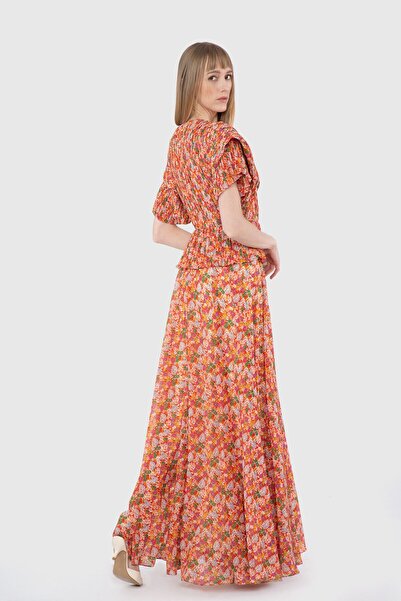 GİZİA Çıtır Çiçek Desenli Pilise Detaylı Uzun Turuncu Elbise