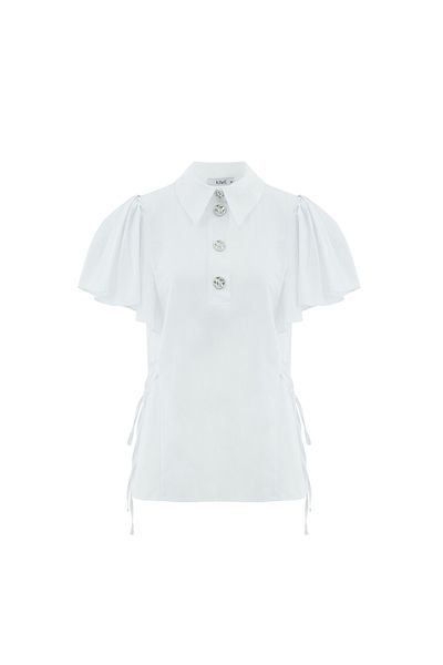 GİZİA White Cotton Blouse with Metal Button on the Front Collar