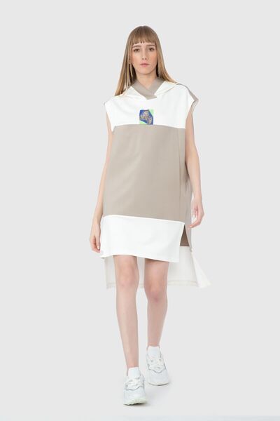 GIZIA SPORT Kapuşonlu Kontrast Garnili  Ekru Elbise