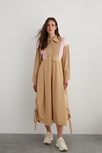 GIZIA SPORT Payet Garnili Uzun Bej Elbise