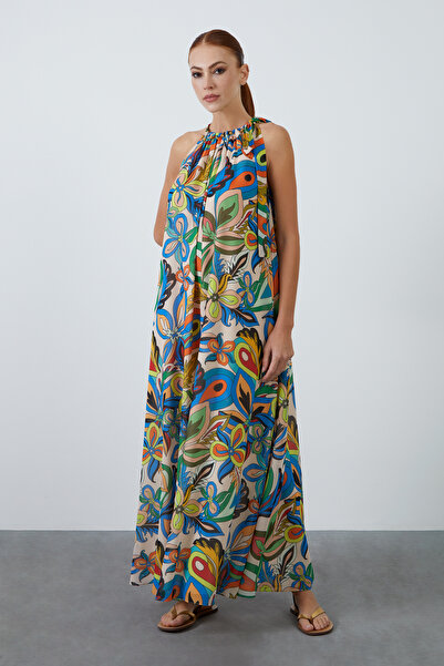 kı.we Yaka Bağlamalı Kolsuz Desenli Yeşil Şifon Uzun Elbise