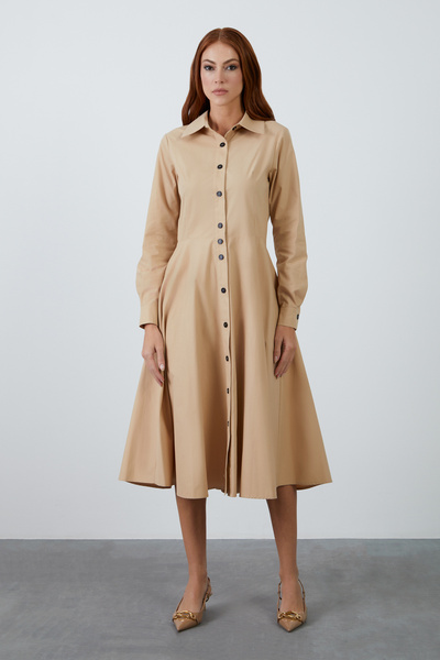 kı.we Dik Yaka Midi Boy Kloş Etekli Uzun Kollu Kahverengi Gömlek Elbise