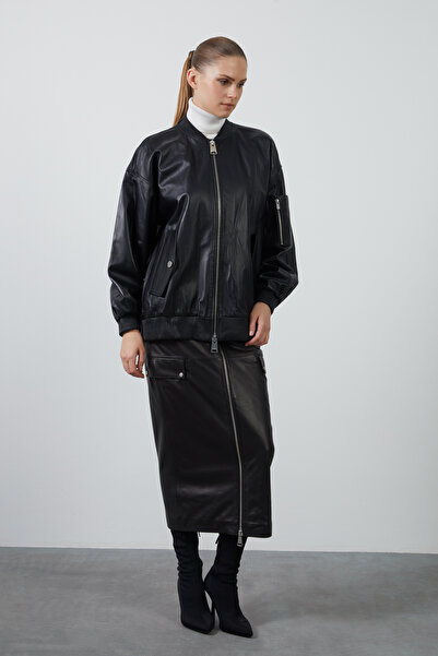 GİZİA Kol Üzeri Cep Detaylı Manşet Ve Etek Ucu Lastikli Deri Ceket