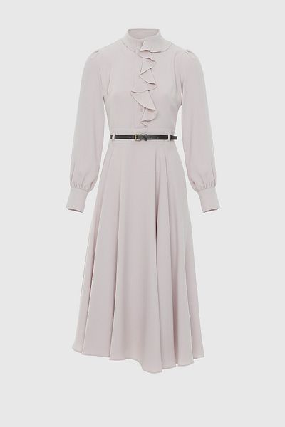 kı.we Midi Beige Dress with Flat Flywheel Leather Belt